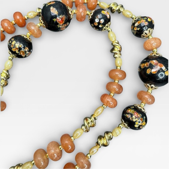 SOLD-ARTISAN Vintage Black Murano Lampwork Glass and Carnelian Gemstone Necklace - Picture 14 of 16